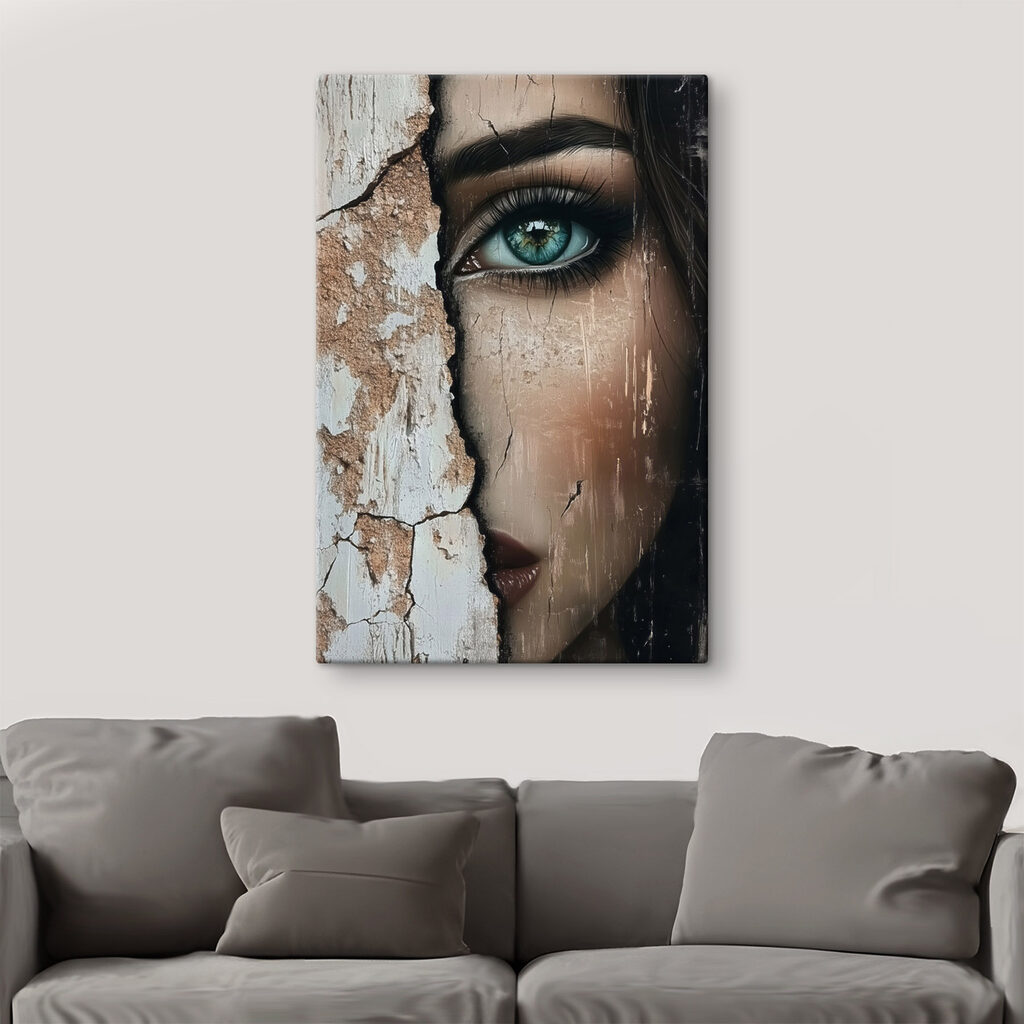 Woman's face with a cracked wall