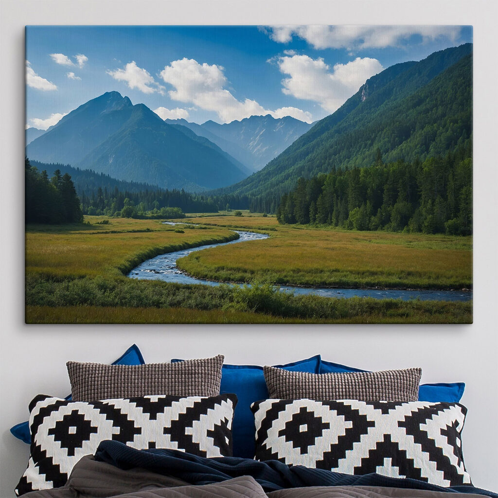 River running through a valley with mountains in the background
