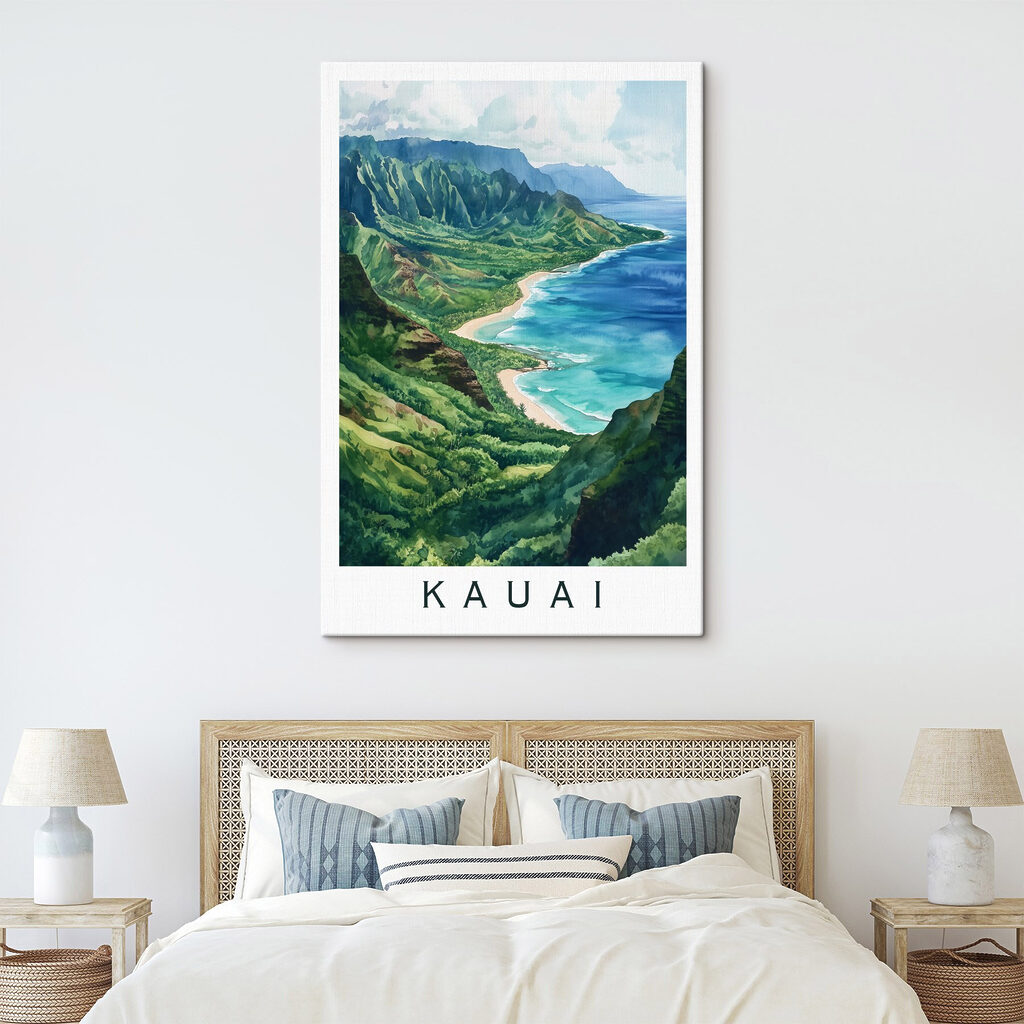 Watercolor painting of a beach and mountains