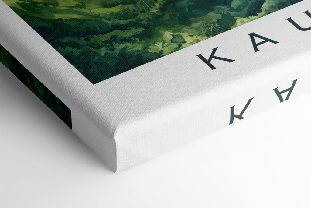 Watercolor painting of a beach and mountains