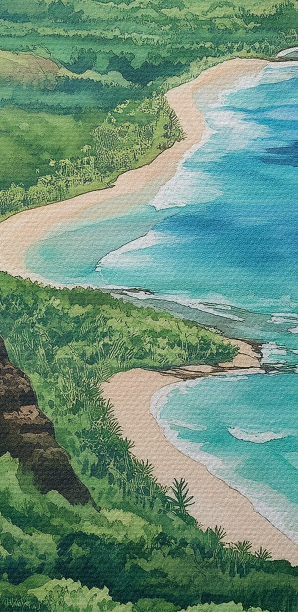 Akwarela przedstawiająca plażę i góry Akwarela przedstawiająca plażę i góry