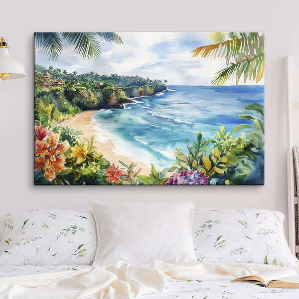 Akwarela przedstawiająca plażę i ocean Akwarela przedstawiająca plażę i ocean