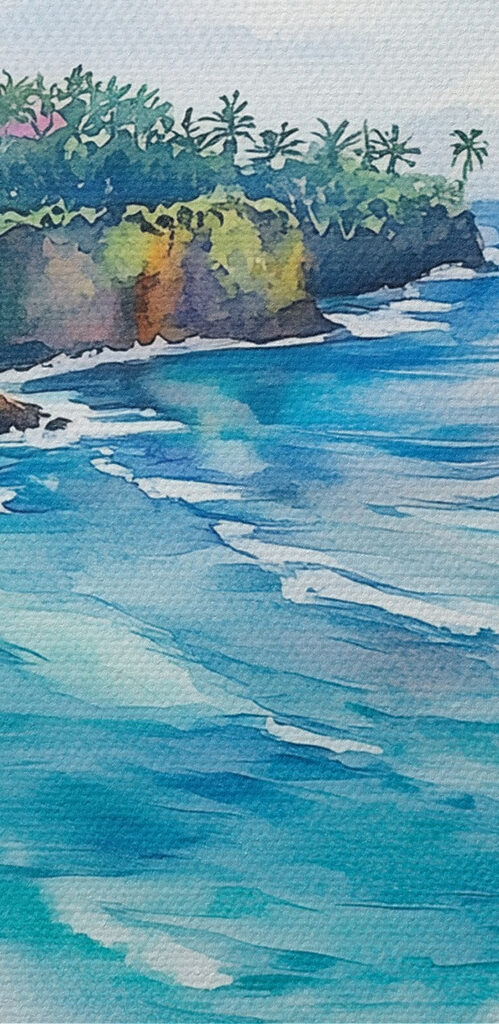 Watercolor painting of a beach and ocean Watercolor painting of a beach and ocean