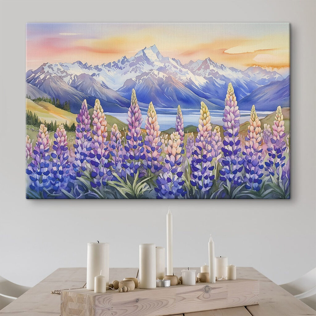 Painting of flowers and mountains