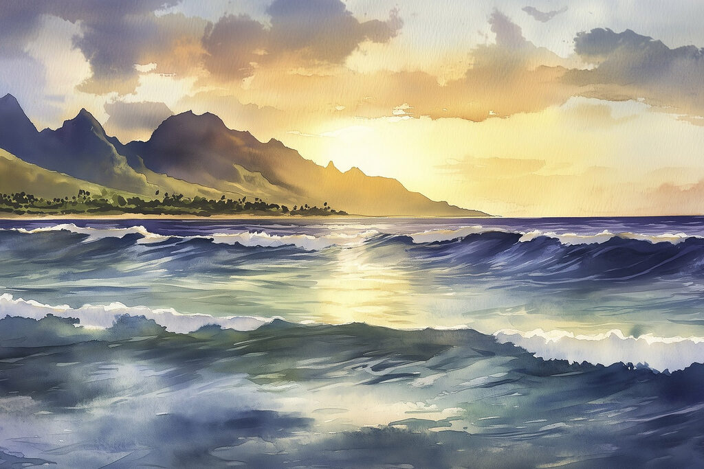 Watercolor of waves and mountains in the background