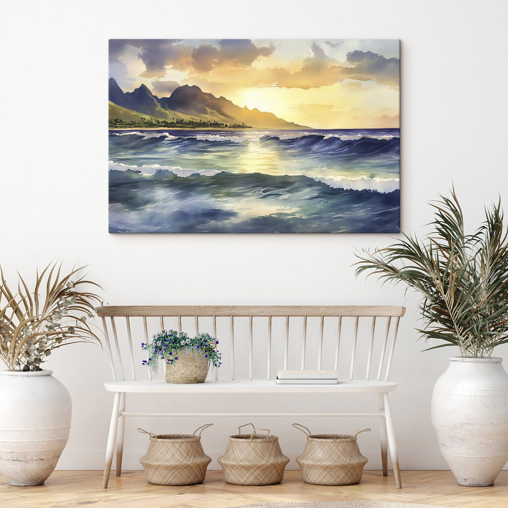 Watercolor of waves and mountains in the background