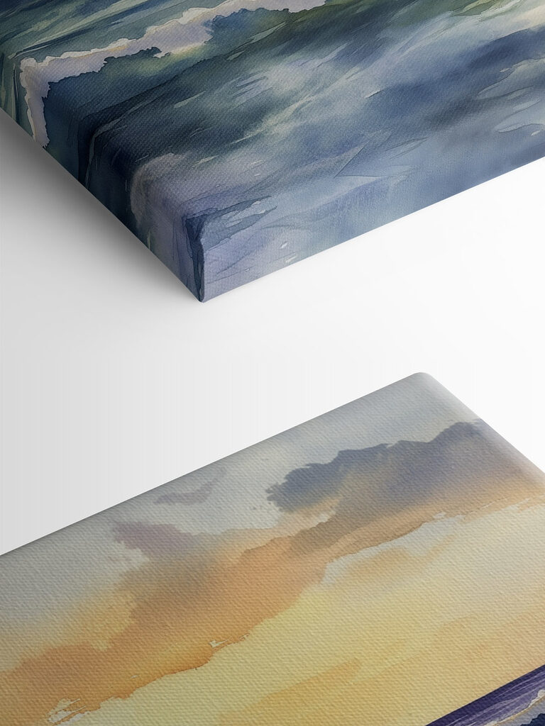 Watercolor of waves and mountains in the background