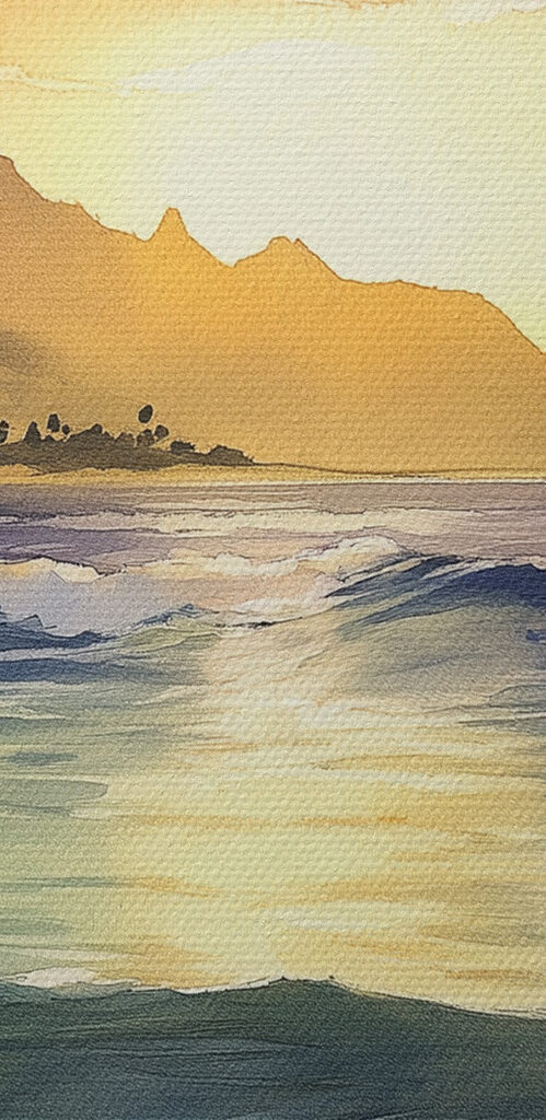 Watercolor of waves and mountains in the background