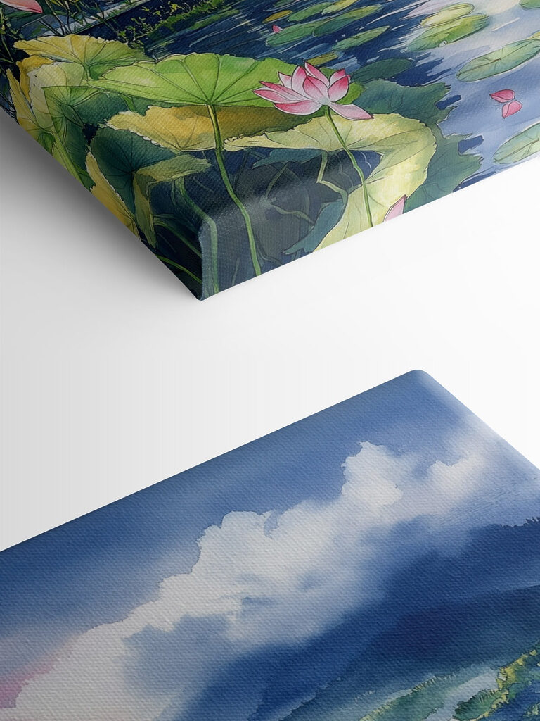 Watercolor painting of a lake with a pagoda and lily pads