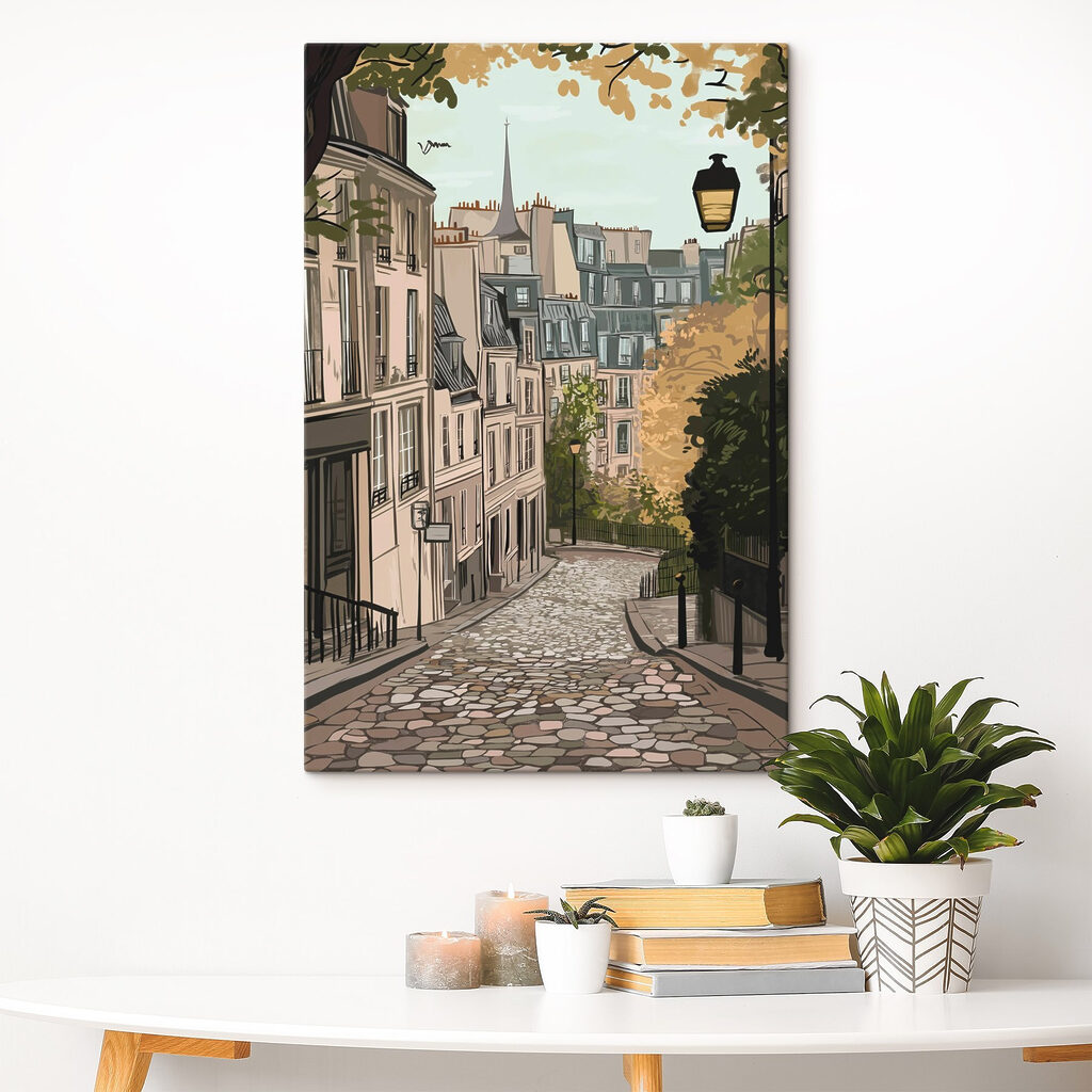 Street with buildings and a lamp post