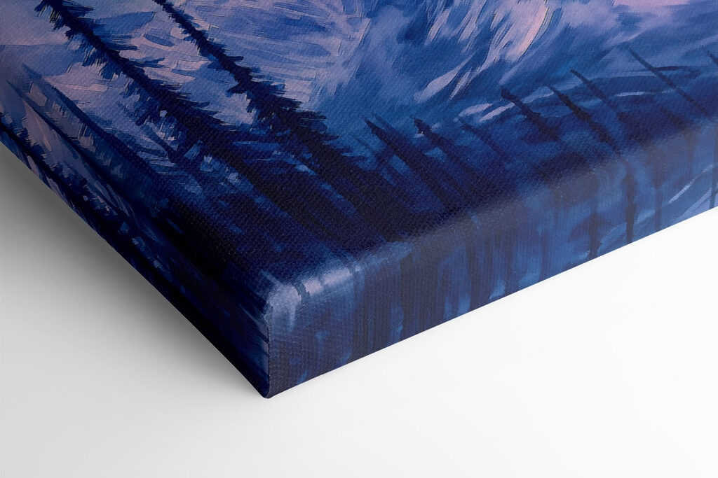 Painting of a mountain with trees and aurora borealis