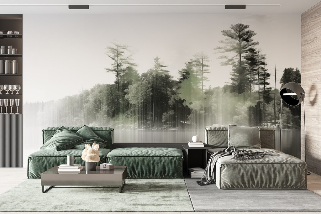 Body of water with trees and fog