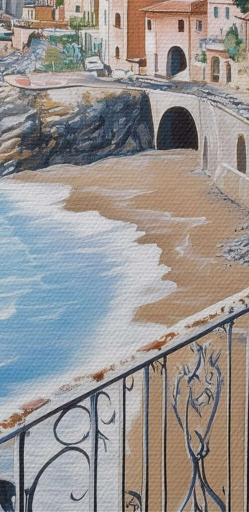 Balcony overlooking a beach and a town