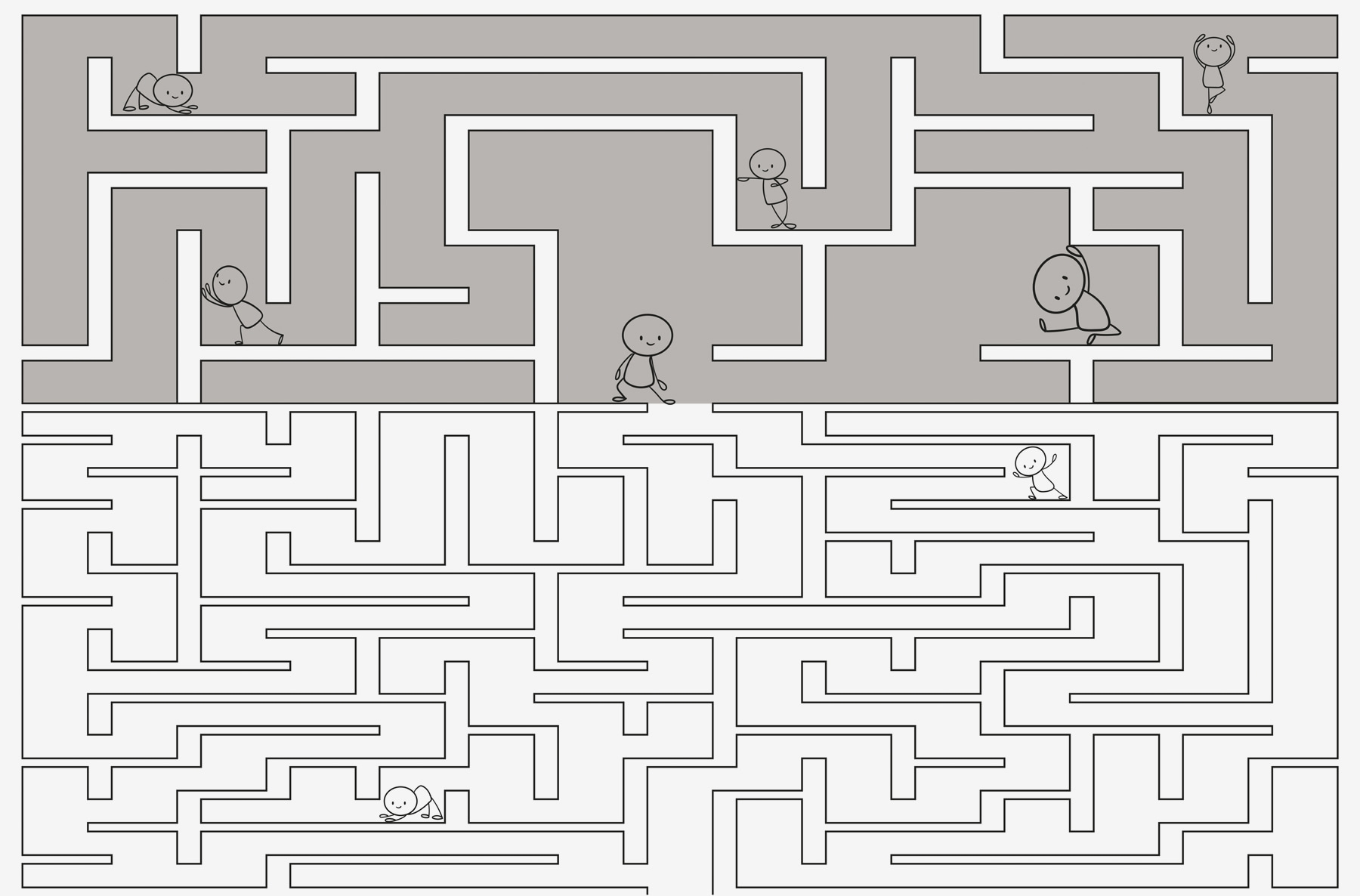 Maze game with cartoon people walking on the ground
