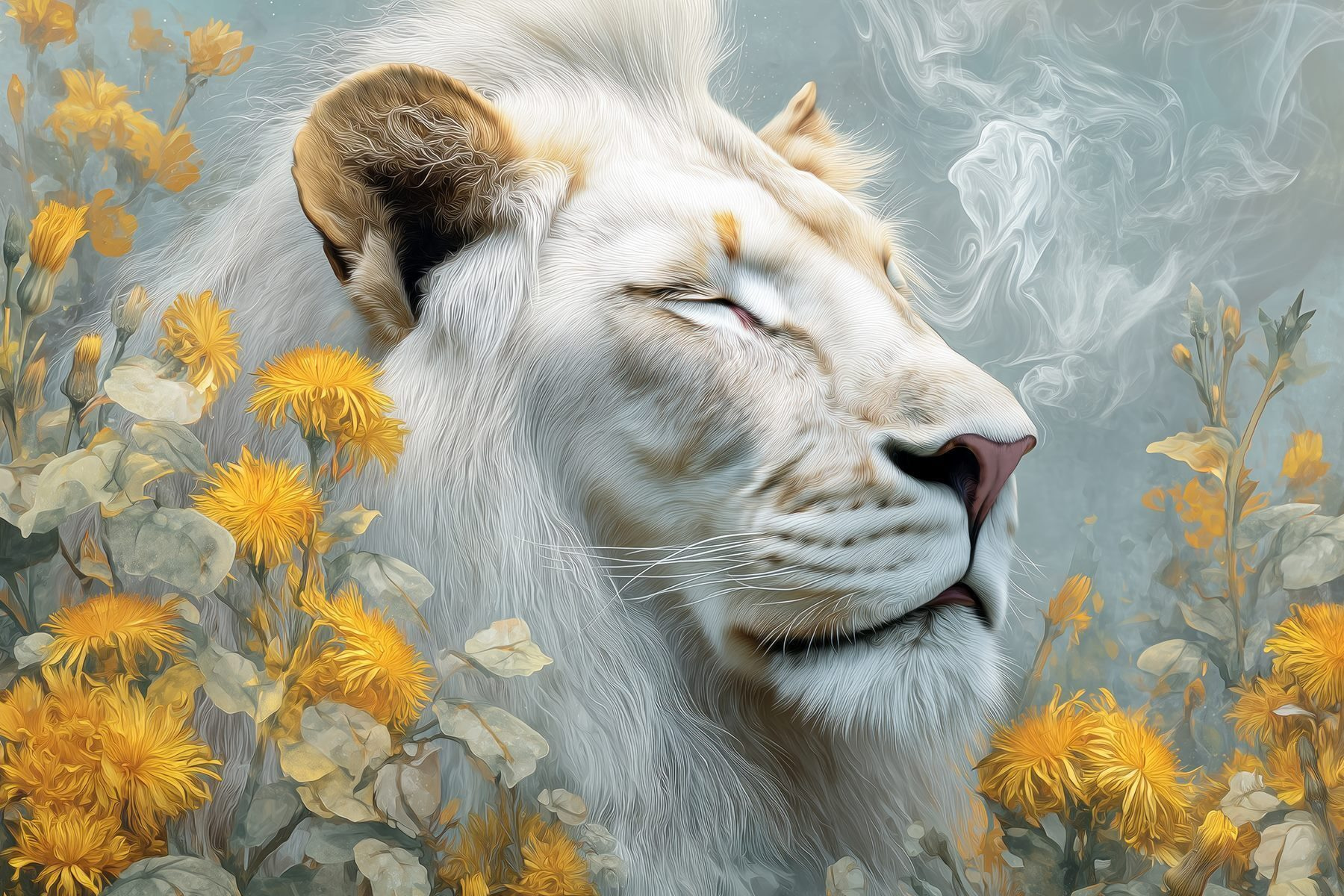 Lion with flowers and smoke