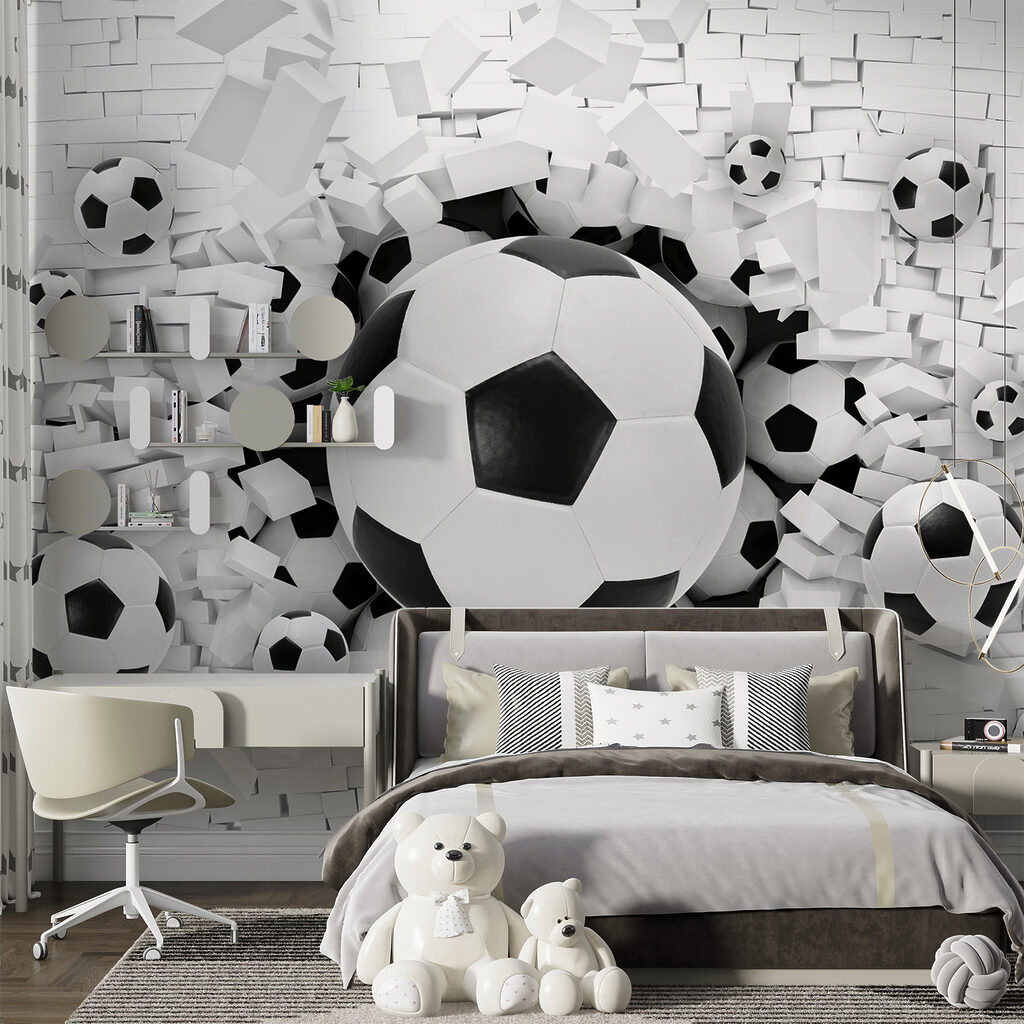 Group of football balls in a pile of bricks