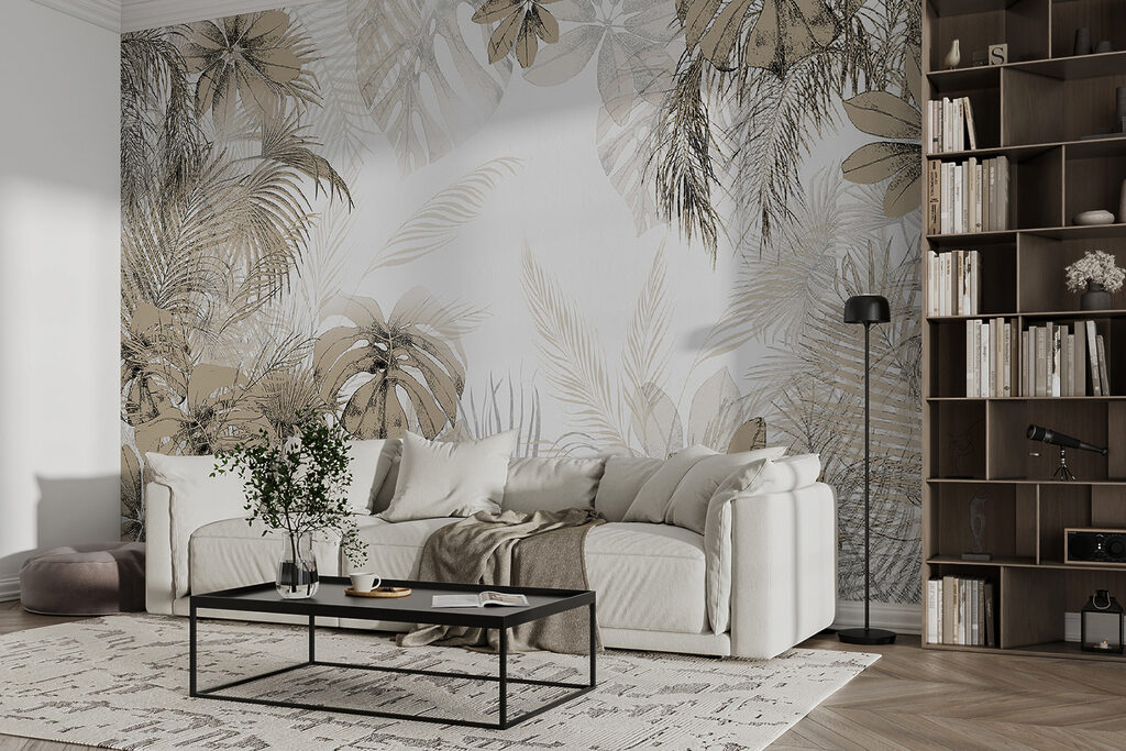 Tropical leaves in soft neutral tones