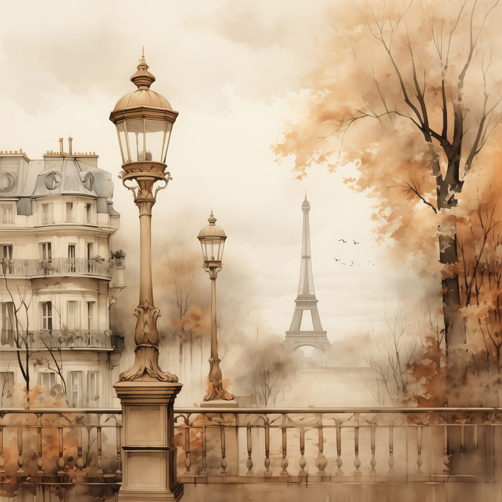 Street lamp and trees with a tower in the background