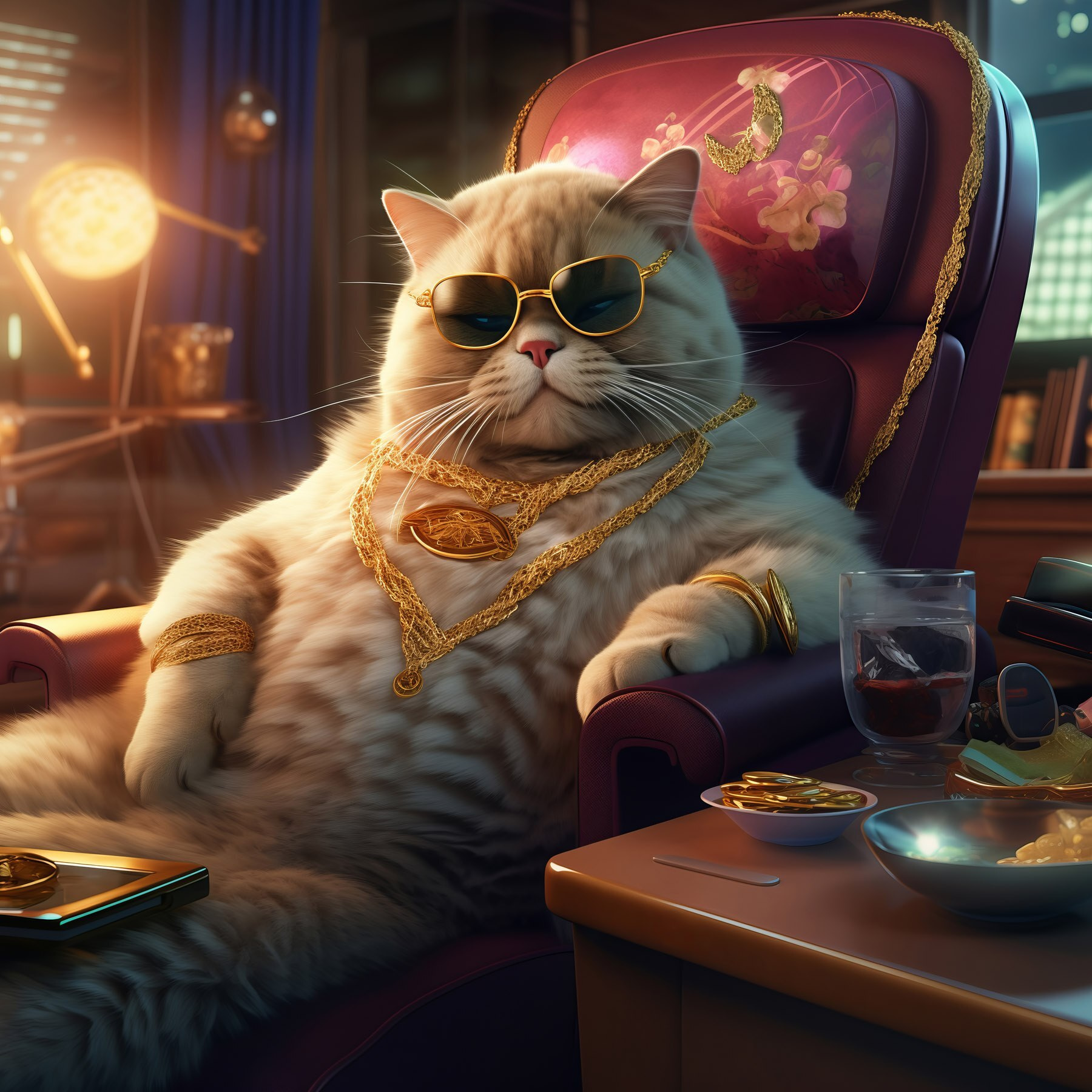 Cat wearing sunglasses and a necklace sitting in a chair Cat wearing sunglasses and a necklace sitting in a chair