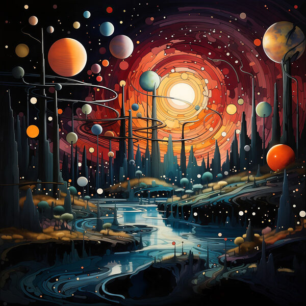 Krajobraz z drzewami i planetami Krajobraz z drzewami i planetami