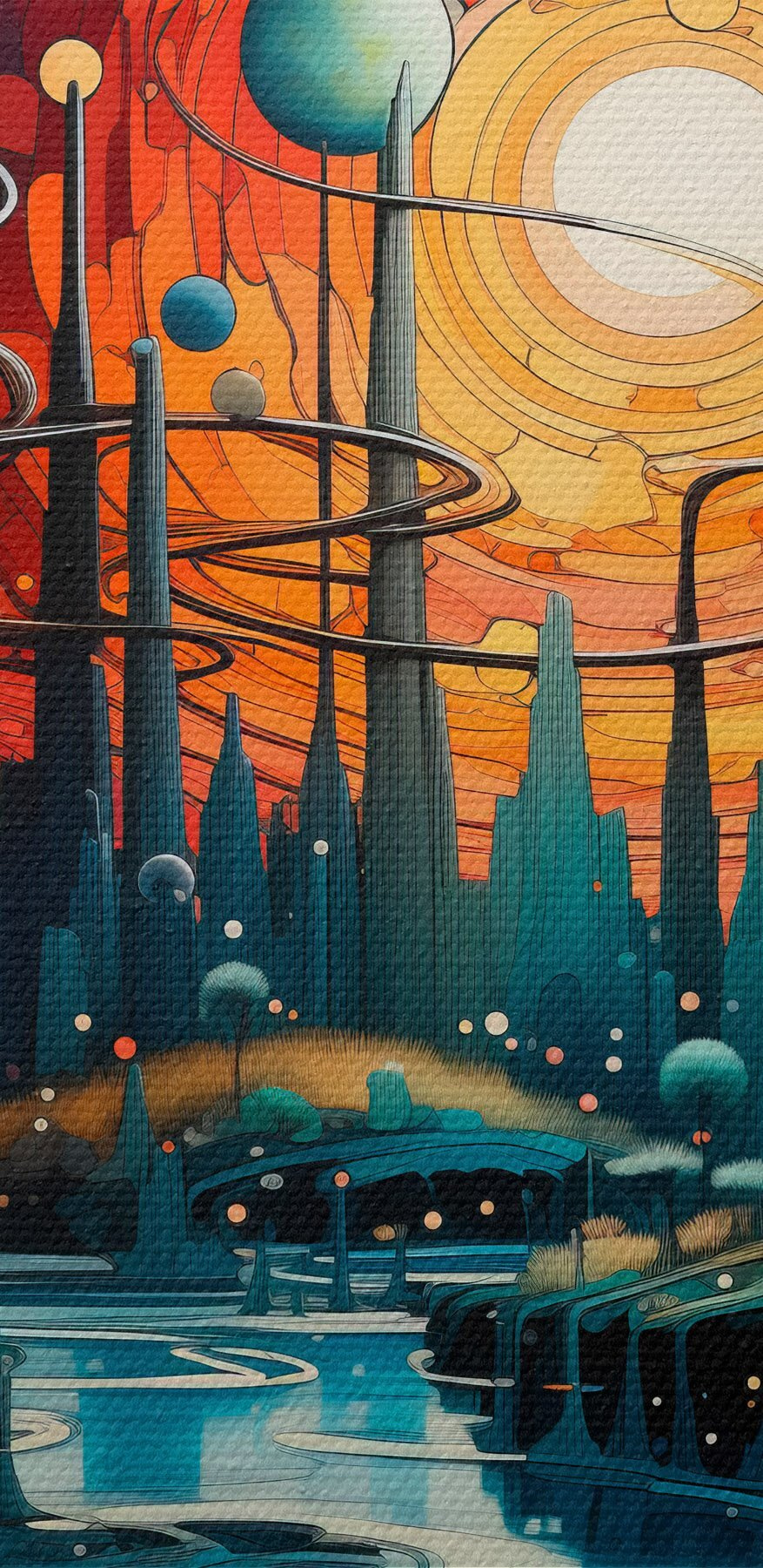Krajobraz z drzewami i planetami