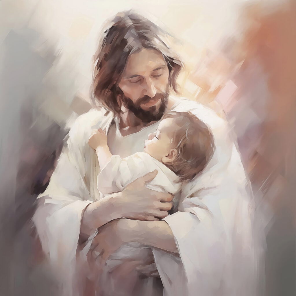 Painting of a man holding a baby Painting of a man holding a baby