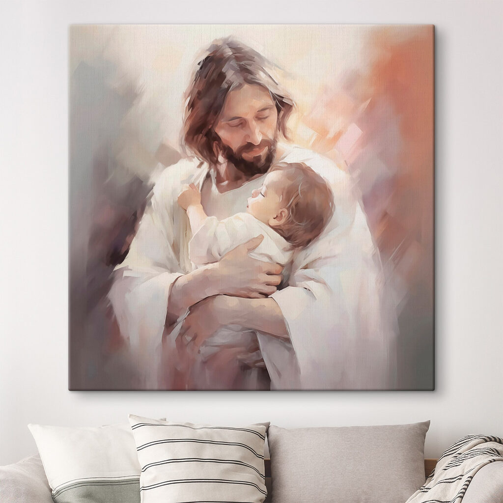 Painting of a man holding a baby Painting of a man holding a baby