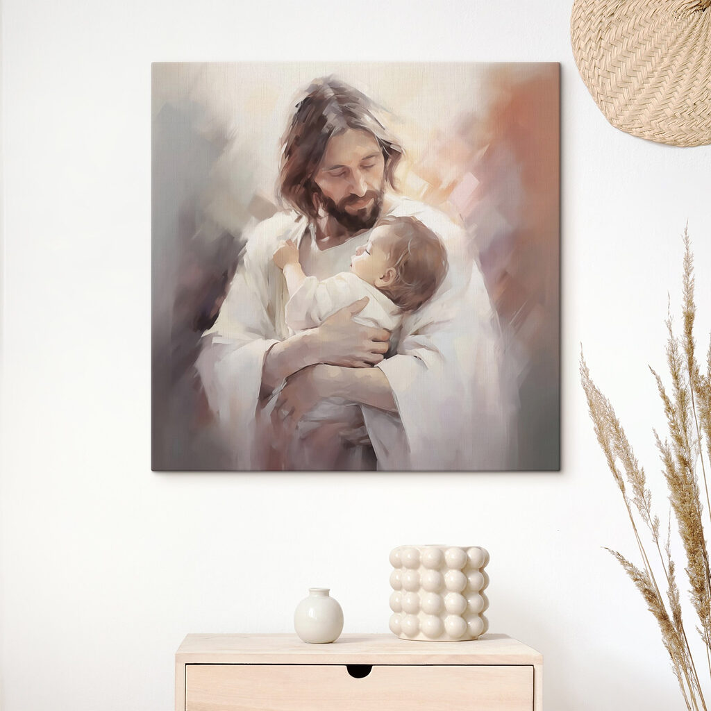 Painting of a man holding a baby Painting of a man holding a baby
