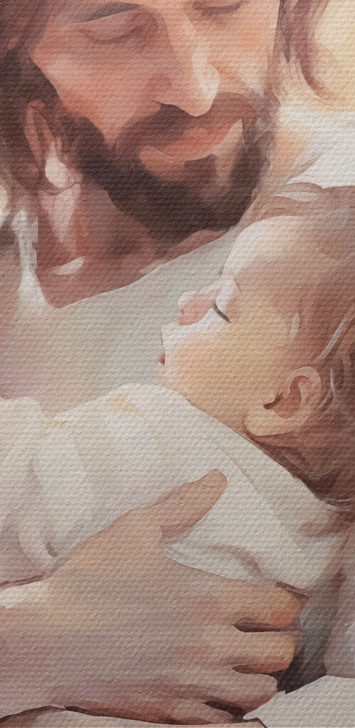 Painting of a man holding a baby Painting of a man holding a baby