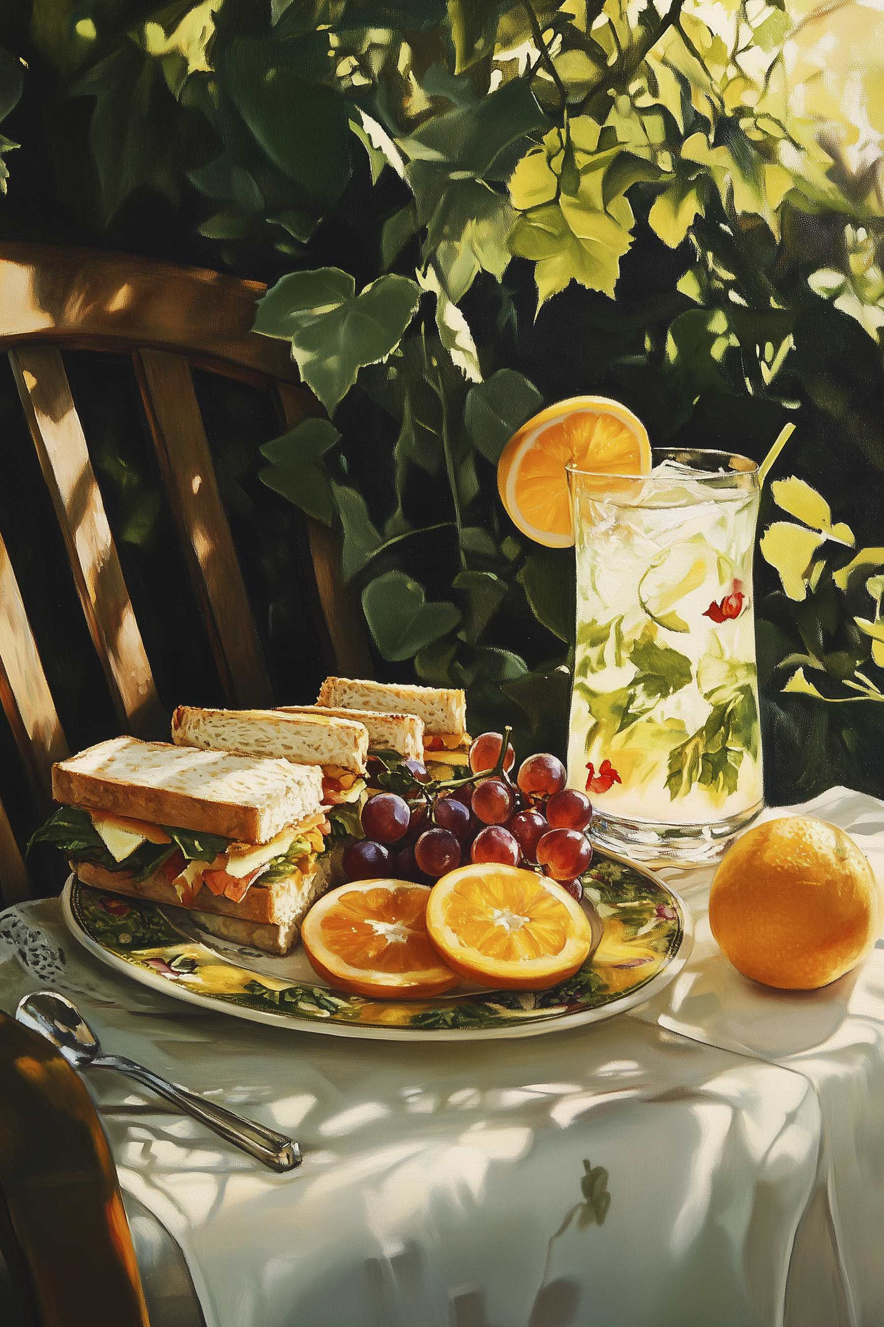 Plate of sandwiches and fruit on a table