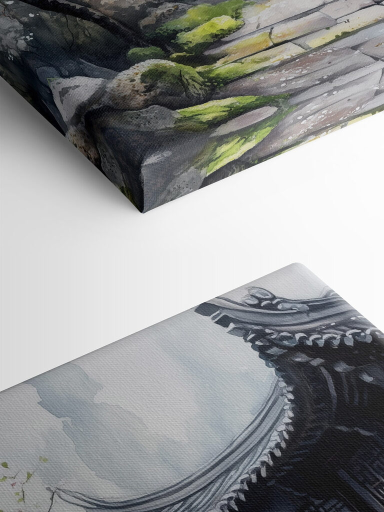 Painting of a building with a tree and flowers