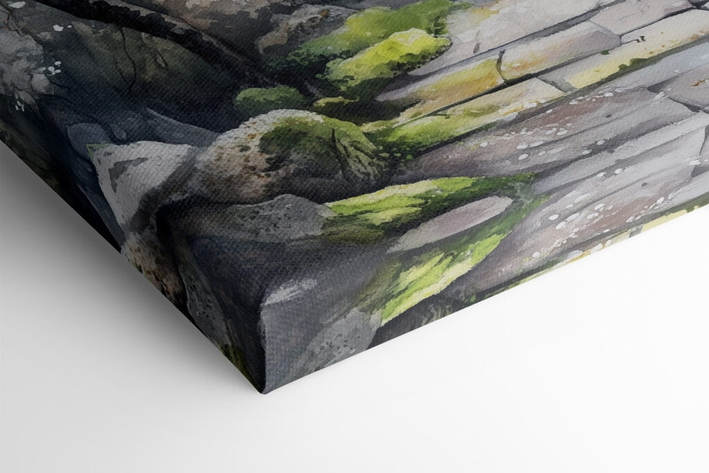 Painting of a building with a tree and flowers