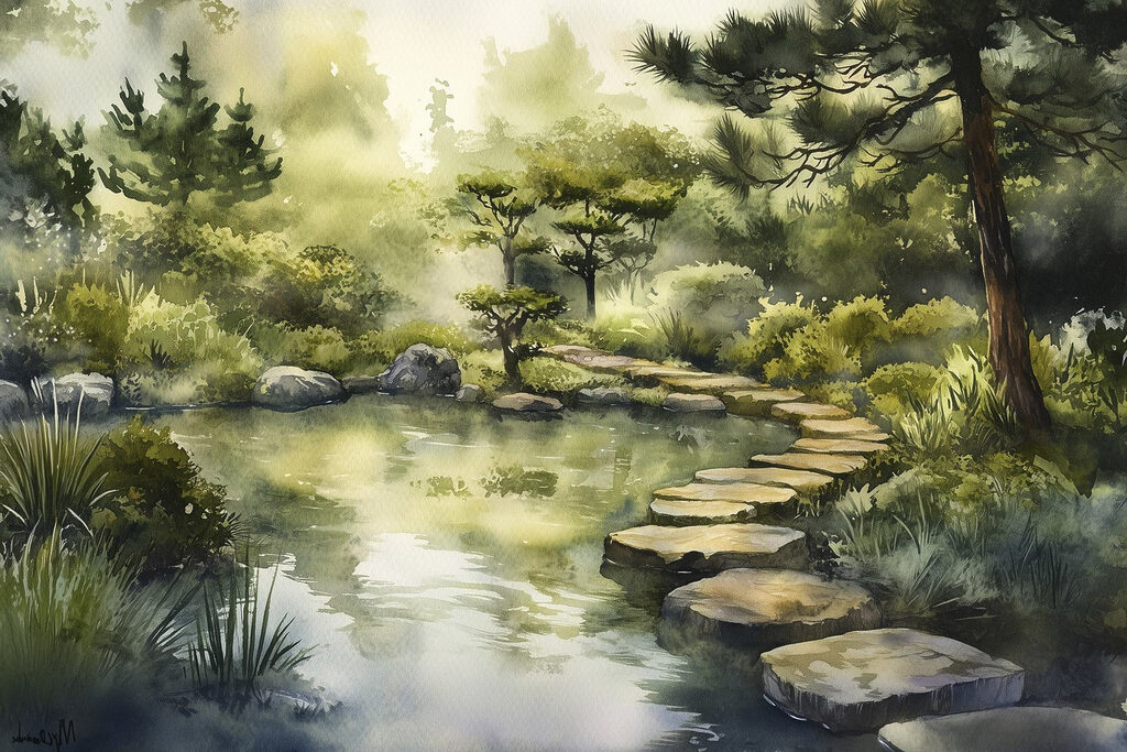 Watercolor painting of a path leading to a pond Watercolor painting of a path leading to a pond