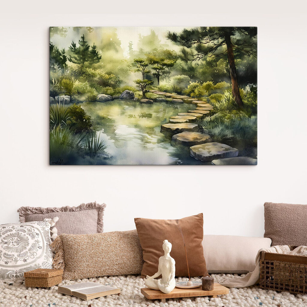 Watercolor painting of a path leading to a pond Watercolor painting of a path leading to a pond