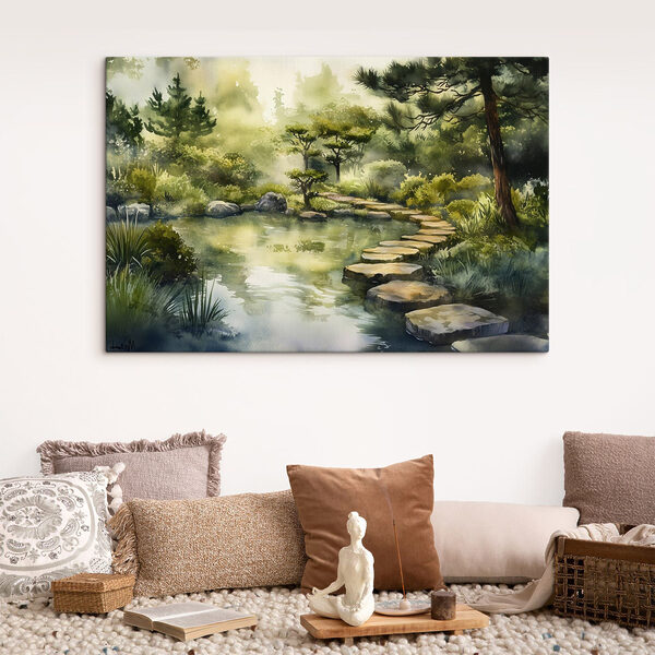 Watercolor painting of a path leading to a pond Watercolor painting of a path leading to a pond