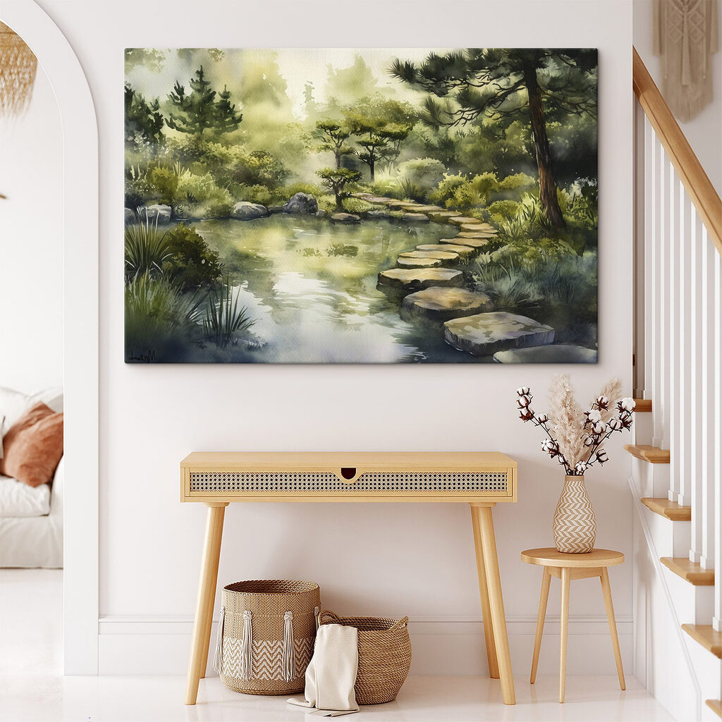 Watercolor painting of a path leading to a pond Watercolor painting of a path leading to a pond