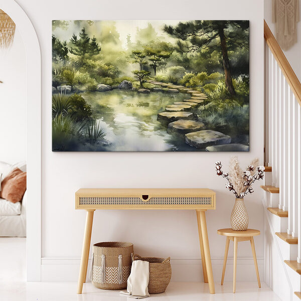 Watercolor painting of a path leading to a pond Watercolor painting of a path leading to a pond