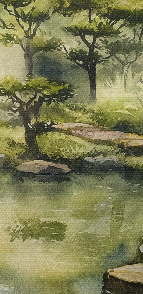 Watercolor painting of a path leading to a pond Watercolor painting of a path leading to a pond