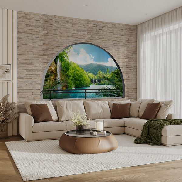 Window with a waterfall and trees