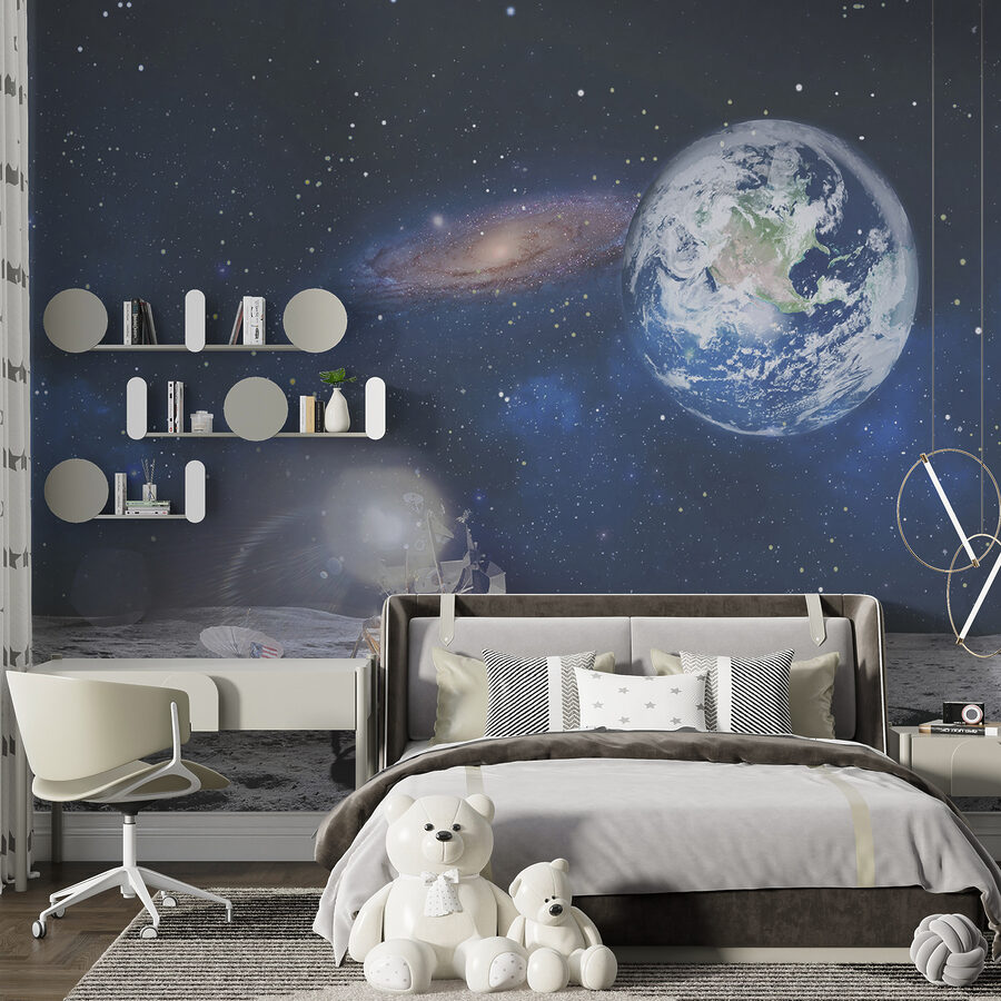 Księżyc z planetą i gwiazdami oraz planetą w tle