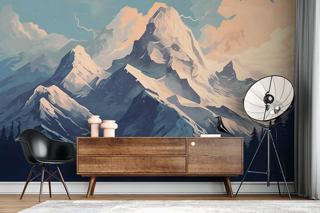 Mountain range with trees and clouds