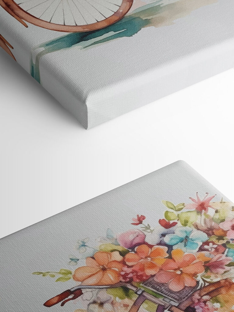 A watercolor painting of a bicycle with flowers on it