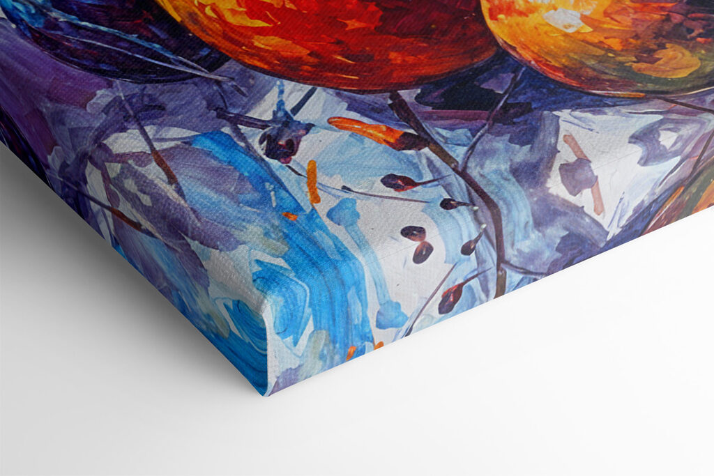 A painting of a wine bottle and fruit