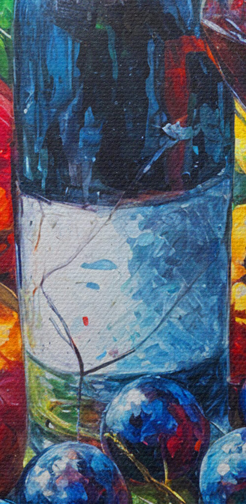 A painting of a wine bottle and fruit