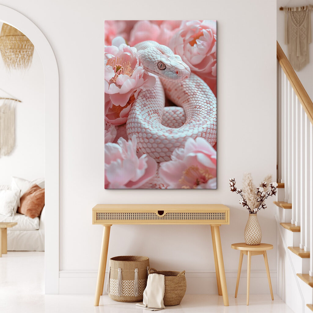 White snake in pink flowers White snake in pink flowers