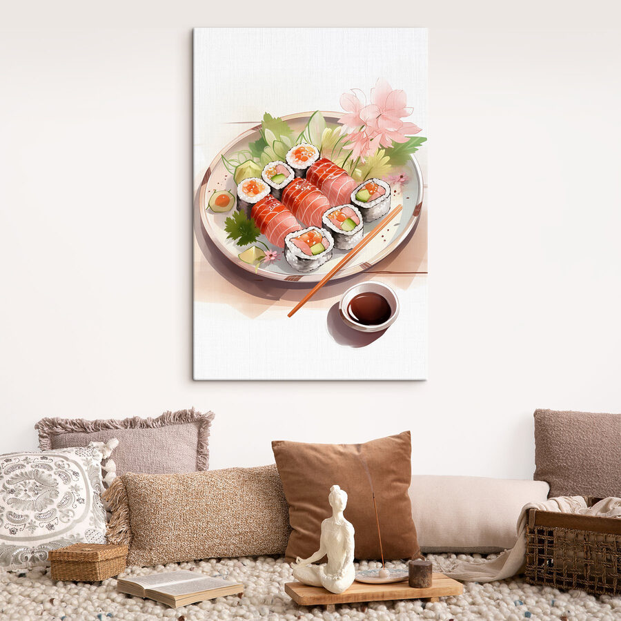 Talerz sushi z sosem i kwiatami Talerz sushi z sosem i kwiatami