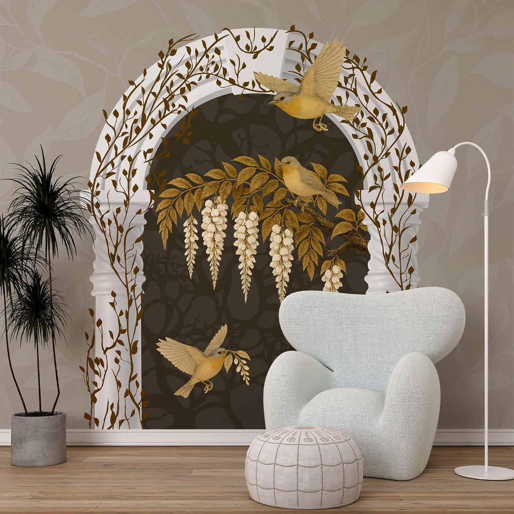 Biały łuk z przelatującymi nad nim ptakami