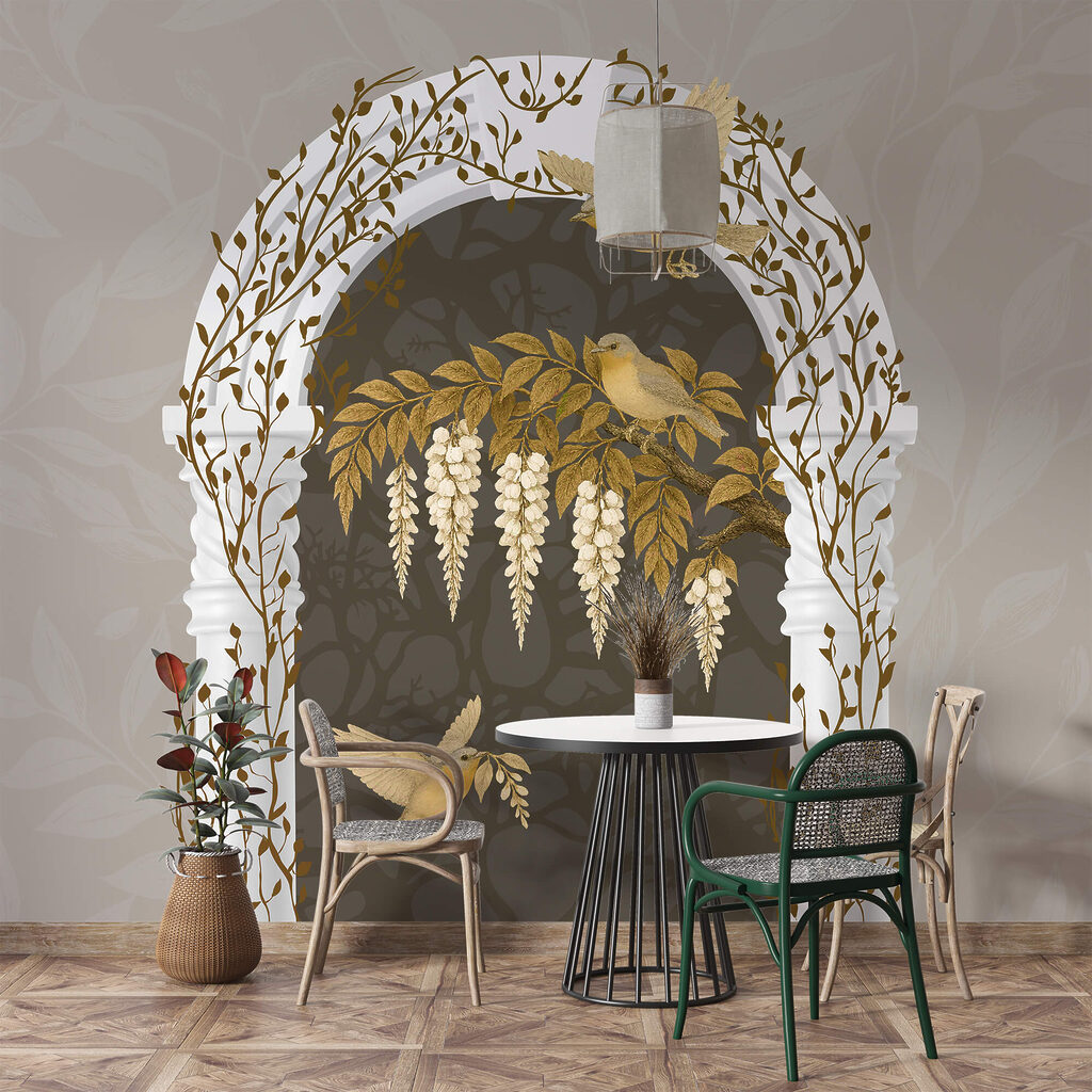 Biały łuk z przelatującymi nad nim ptakami