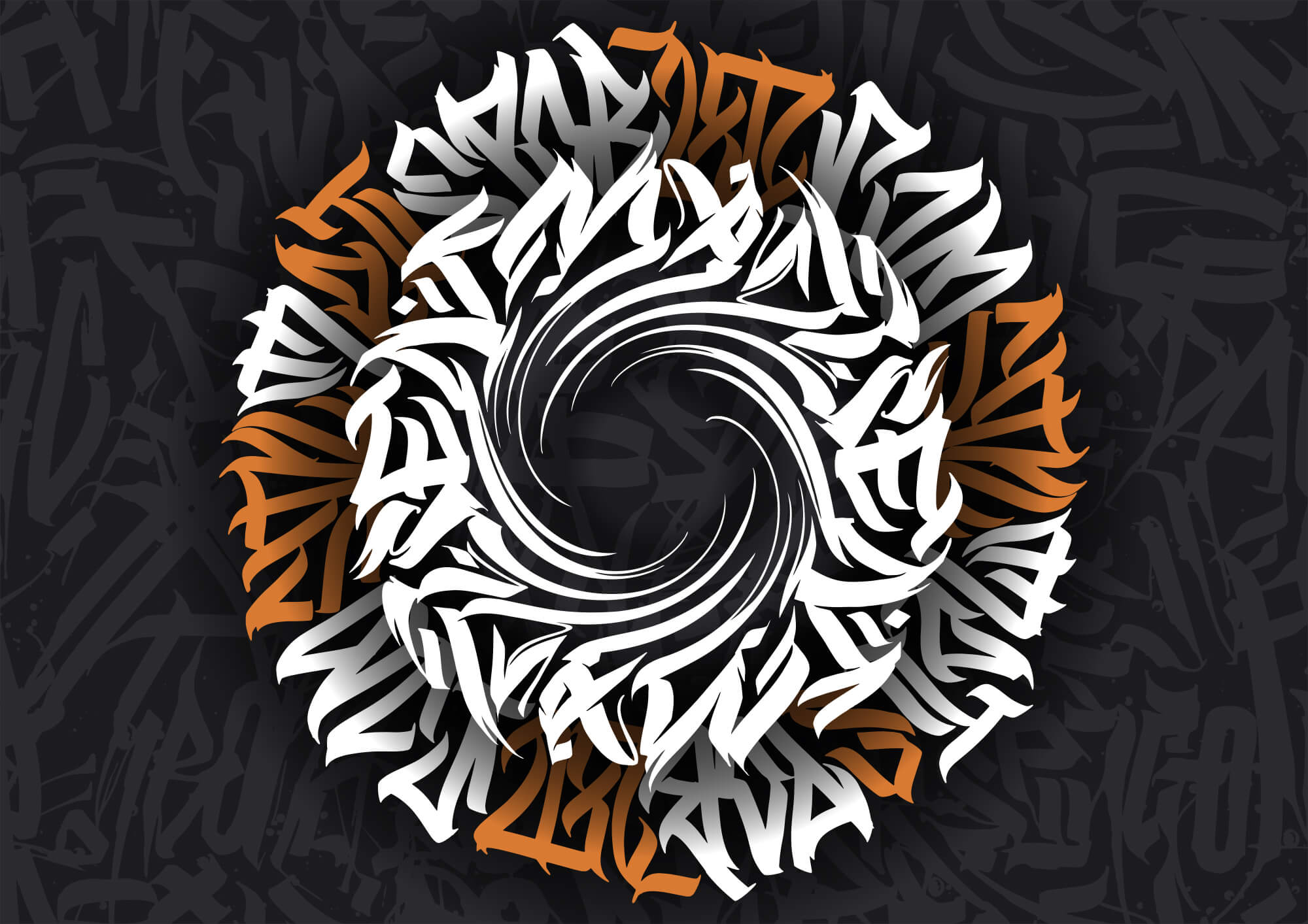 Okrągły wzór z białymi i pomarańczowymi literami t00013v1p - Okrągły wzór z białymi i pomarańczowymi literami - tegory