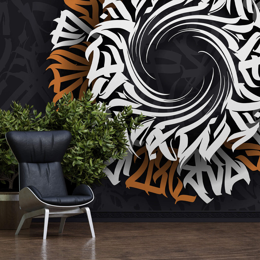 Okrągły wzór z białymi i pomarańczowymi literami Okrągły wzór z białymi i pomarańczowymi literami